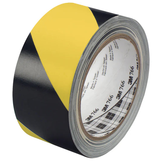 Aisle Marking Tape 2" x 36 yds. Black/Yellow 3M 766 Striped Vinyl Tape (10/Case)