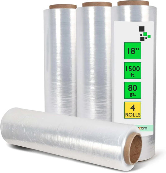18" 80 gauge Stretch Wrap, Clear, 1,500' per Roll, 4 rolls per case (One pallet 72/cases sold by pallet Price per case: $44.72）