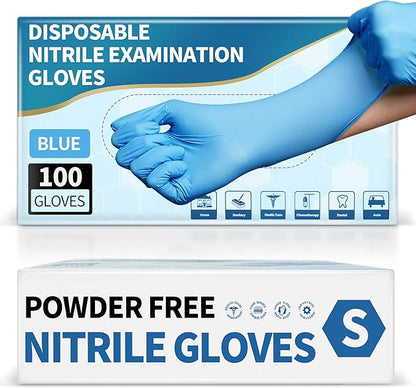 Medical Blue Nitrile Disposable Exam Gloves, 4 Mil 100 Pcs, Chemical Resistant Powder-Free Latex-Free Food-Safe