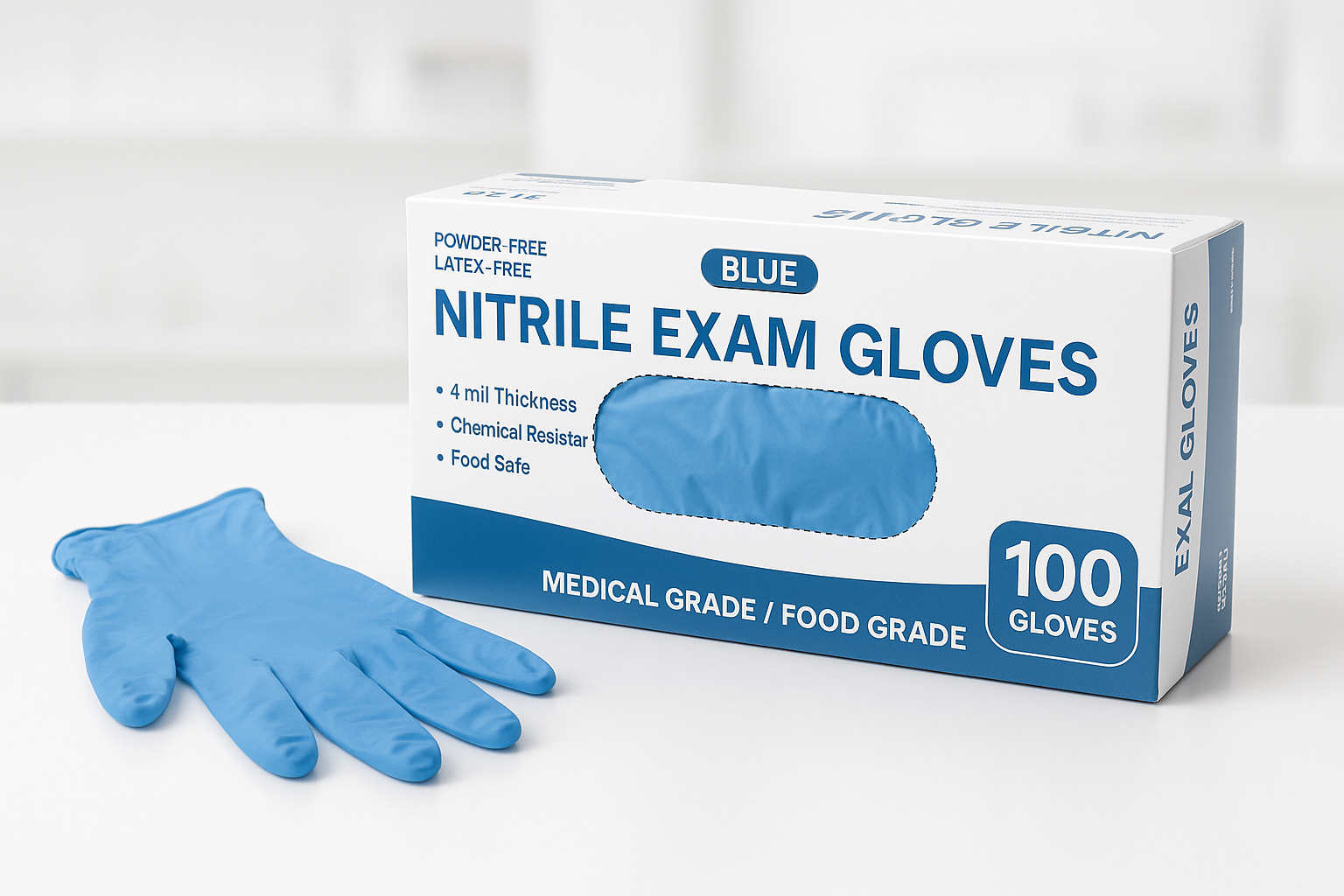 Medical Blue Nitrile Disposable Exam Gloves, 4 Mil 100 Pcs, Chemical Resistant Powder-Free Latex-Free Food-Safe

